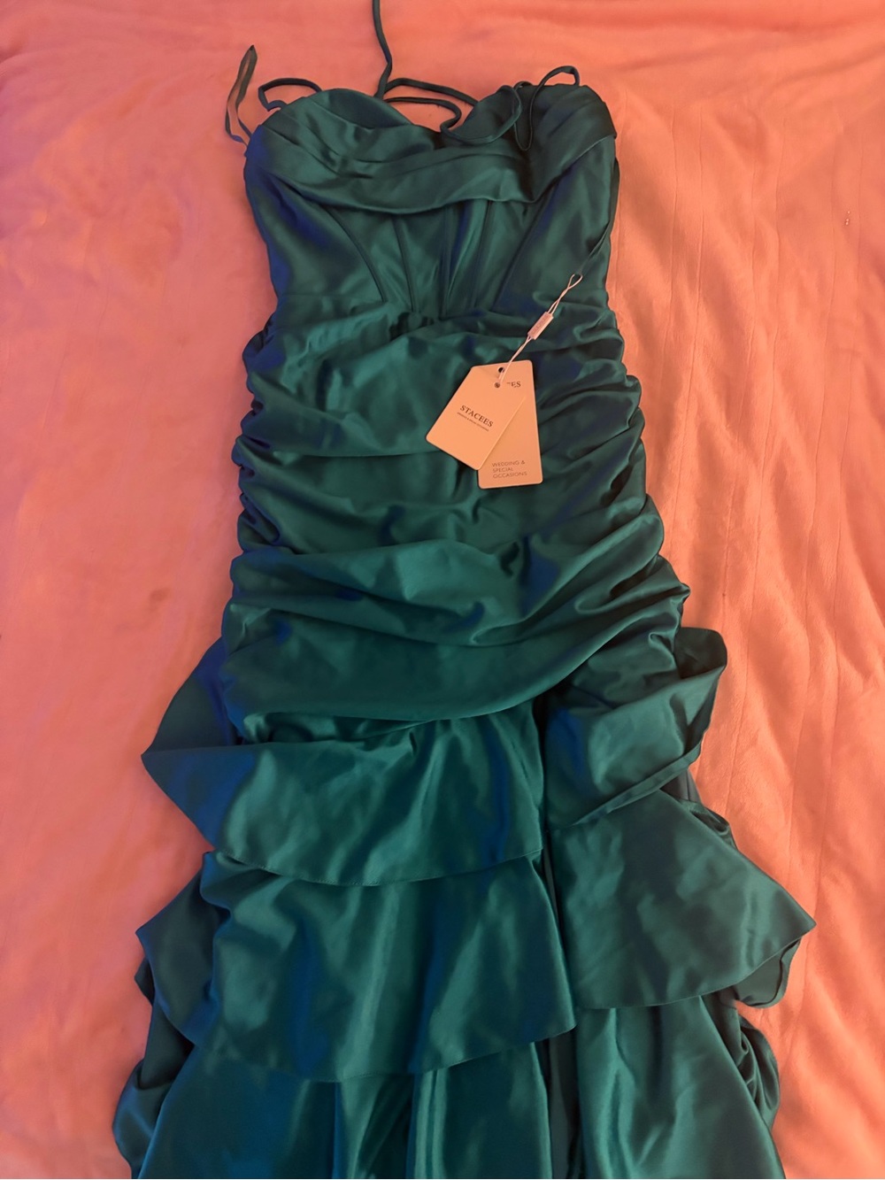 Strapless Ruffle Cascade Evening Gown — Teal